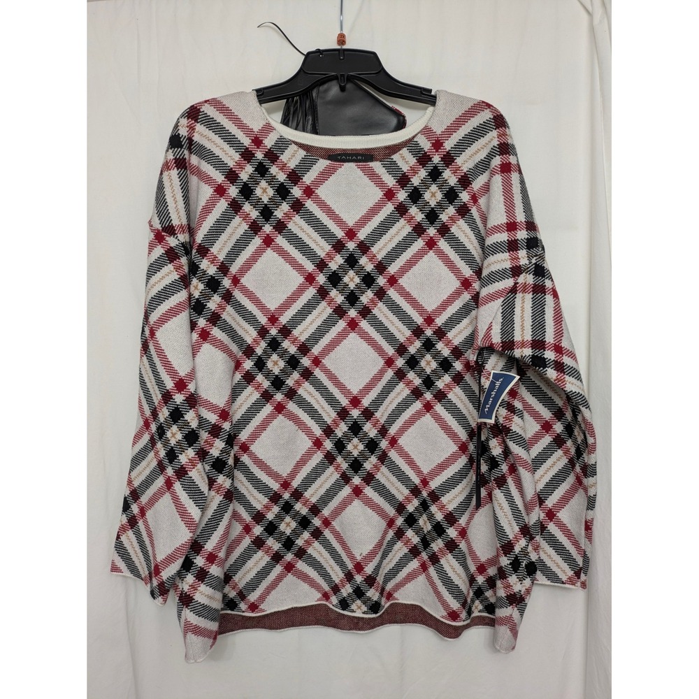 Tahari Women 2X Plaid Knit Sweater and Matching Pouch Set Red Black Cream NEW